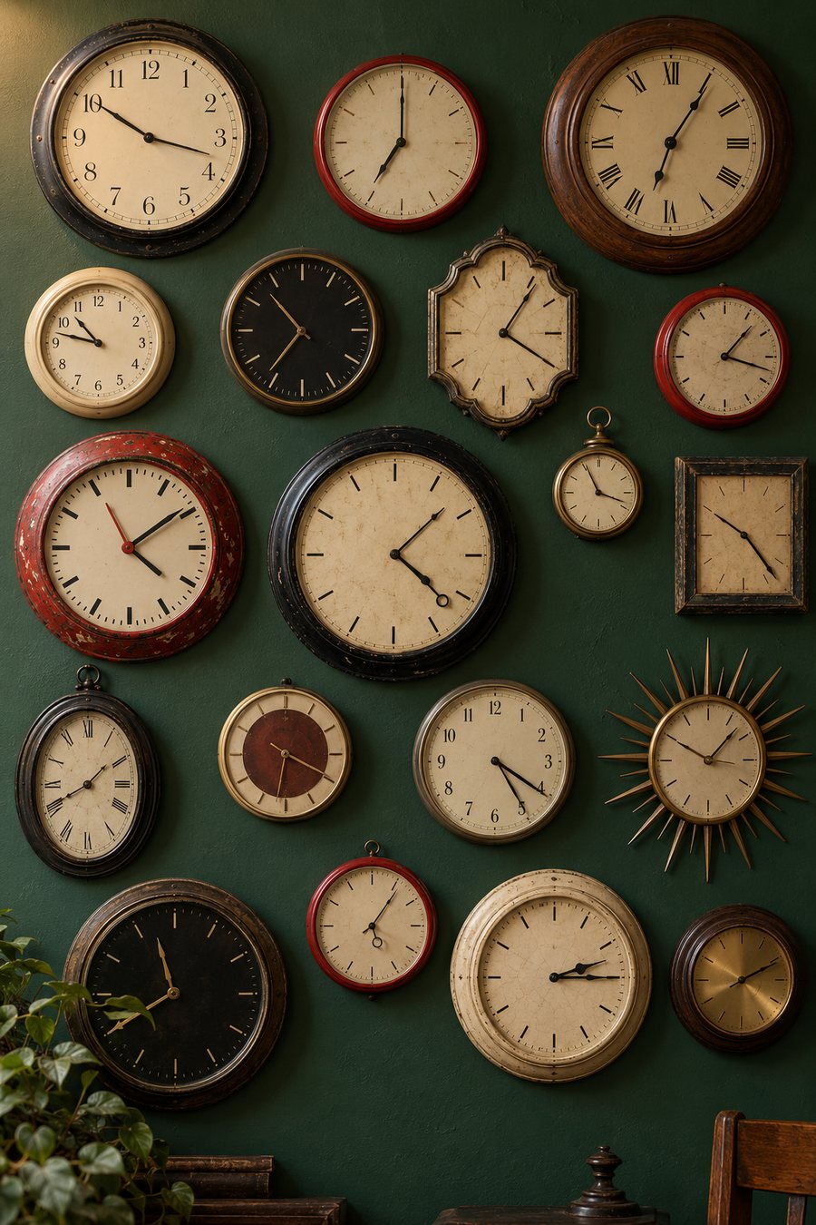 A wall of analog clocks