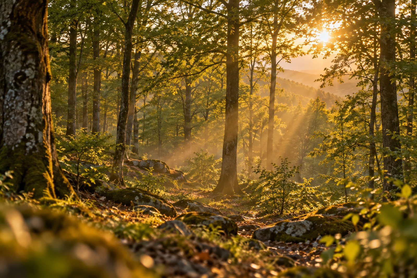 Morning sun through a forest